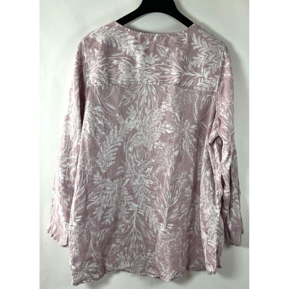 Tahari 100% Linen Shirt Women Size 2X Button Up Long Roll Tab Sleeve Floral - Picture 5 of 8